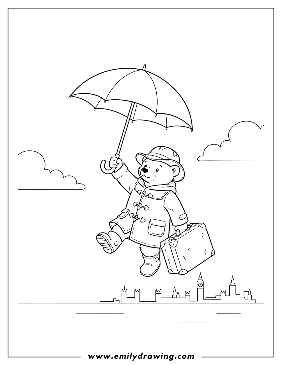 Coloring page of paddington Bear flying with an umbrella and a suitcase
