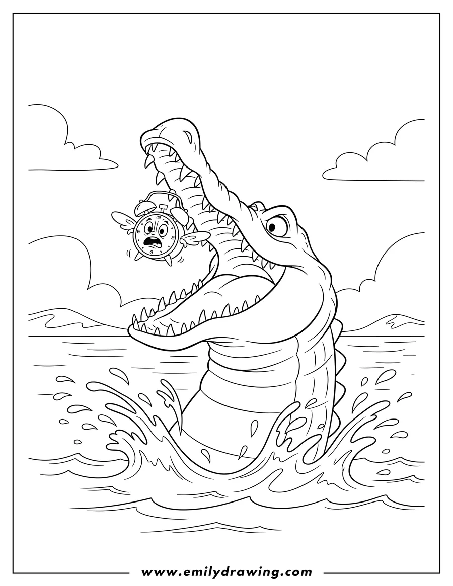 Black and white line art of peter Pan Tick Tock Crocodile lunging from water with mouth open wide, a small creature inside