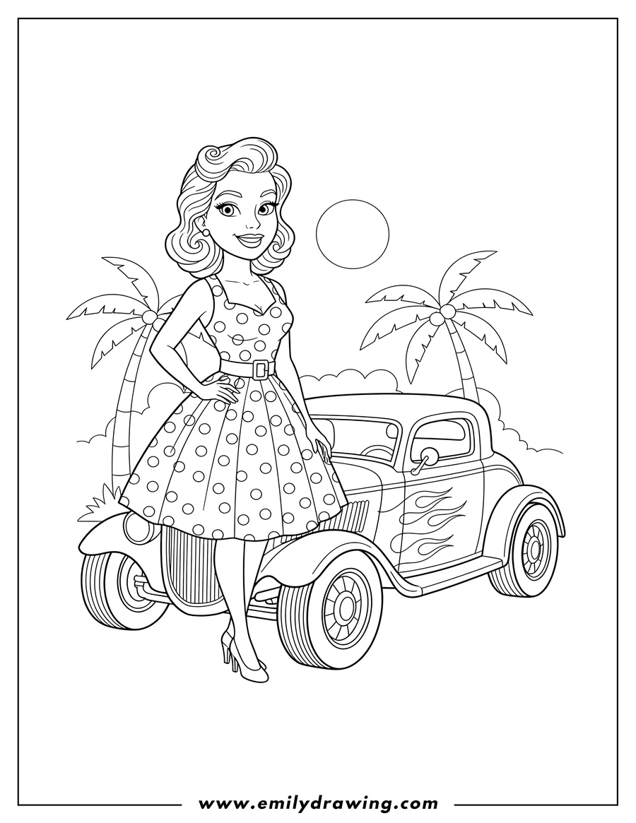Outline drawing of pin Up Woman in a polka dot dress with one hand on the car posing in front of Classic Hot Rod