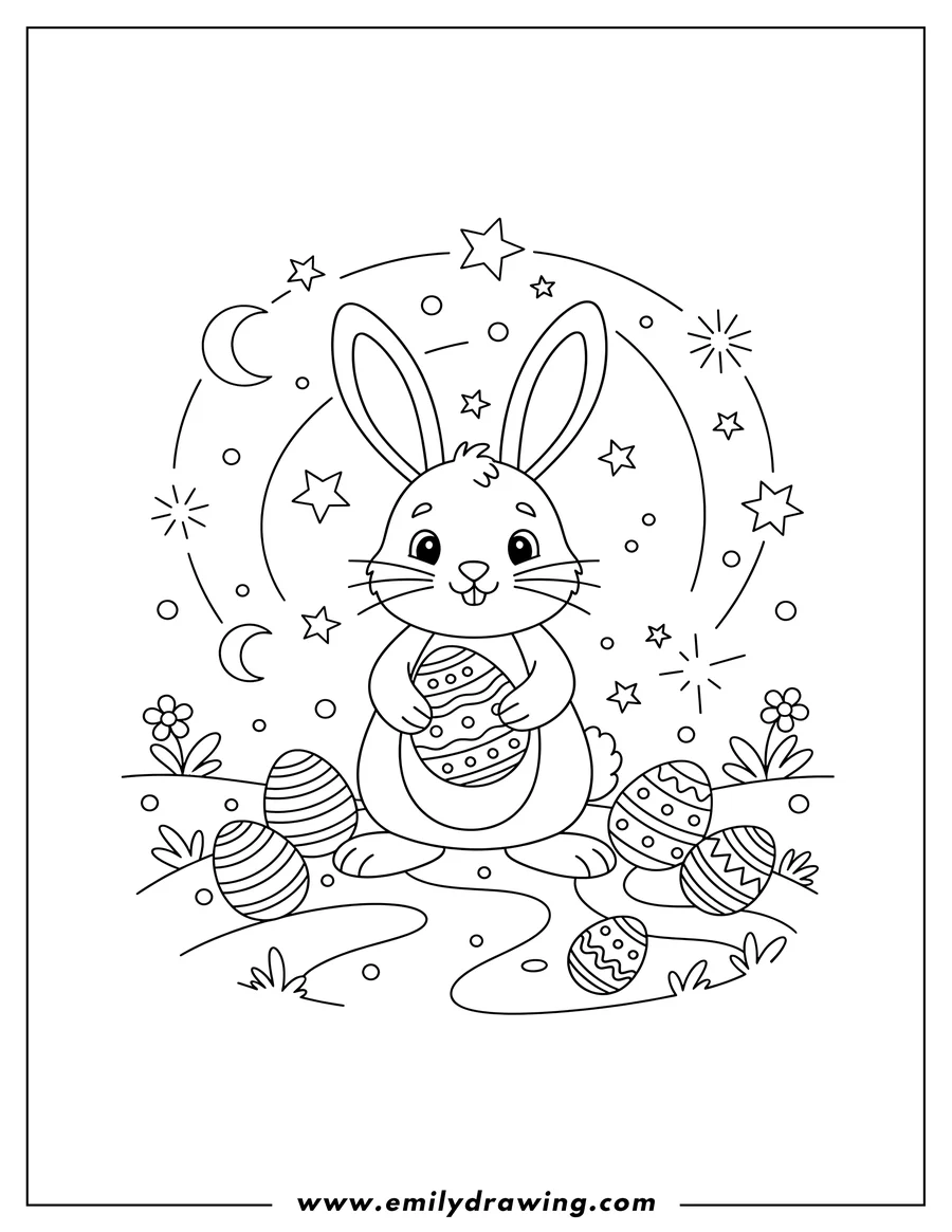 Coloring page for kids: A playful Easter bunny holding an egg, with decorated eggs on the ground, in a nature scene under a starry sky