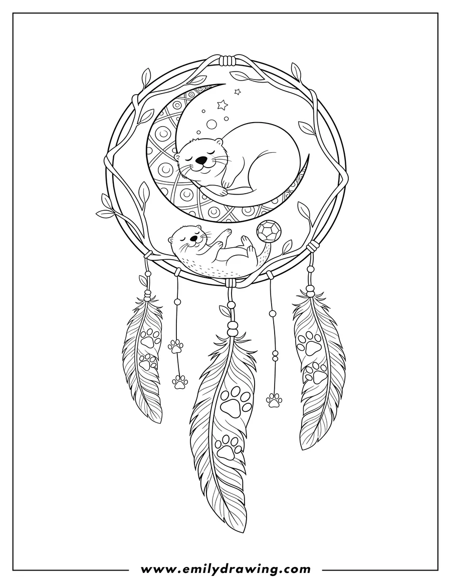 High quality printable pretty Otter Dreamcatcher With Feathers, featuring a sleeping otter, an otter playing with a ball, and paw prints for coloring