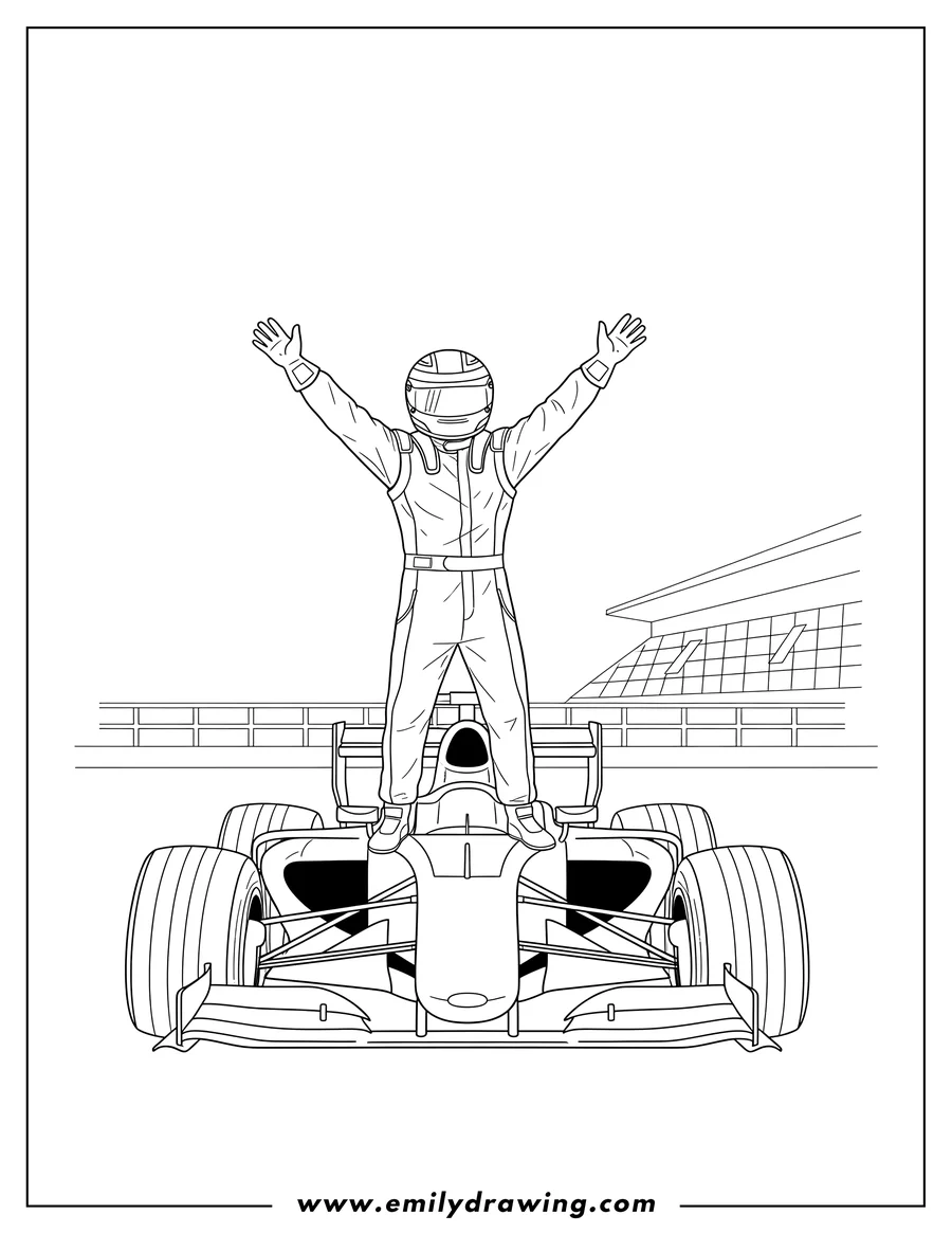 Downloadable coloring page of F1 Racer standing on top of their car, celebrating with arms raised