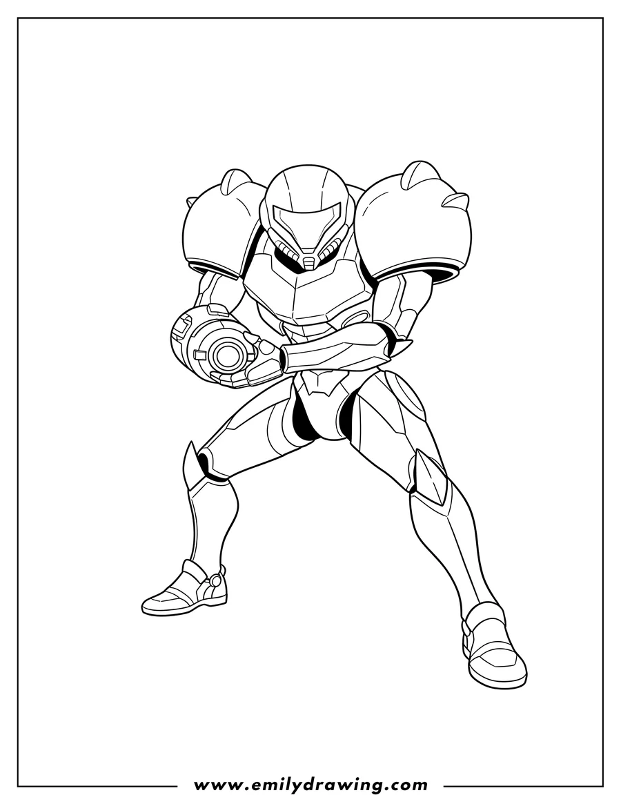 Printable line art of detailed Nintendo Metroid Samus Aran holding arm cannon and crouching