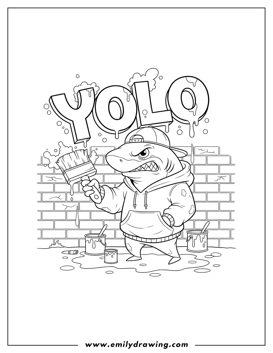 Free to print drawing of angry shark holding a paintbrush and painting 'YOLO' graffiti with paint splatters