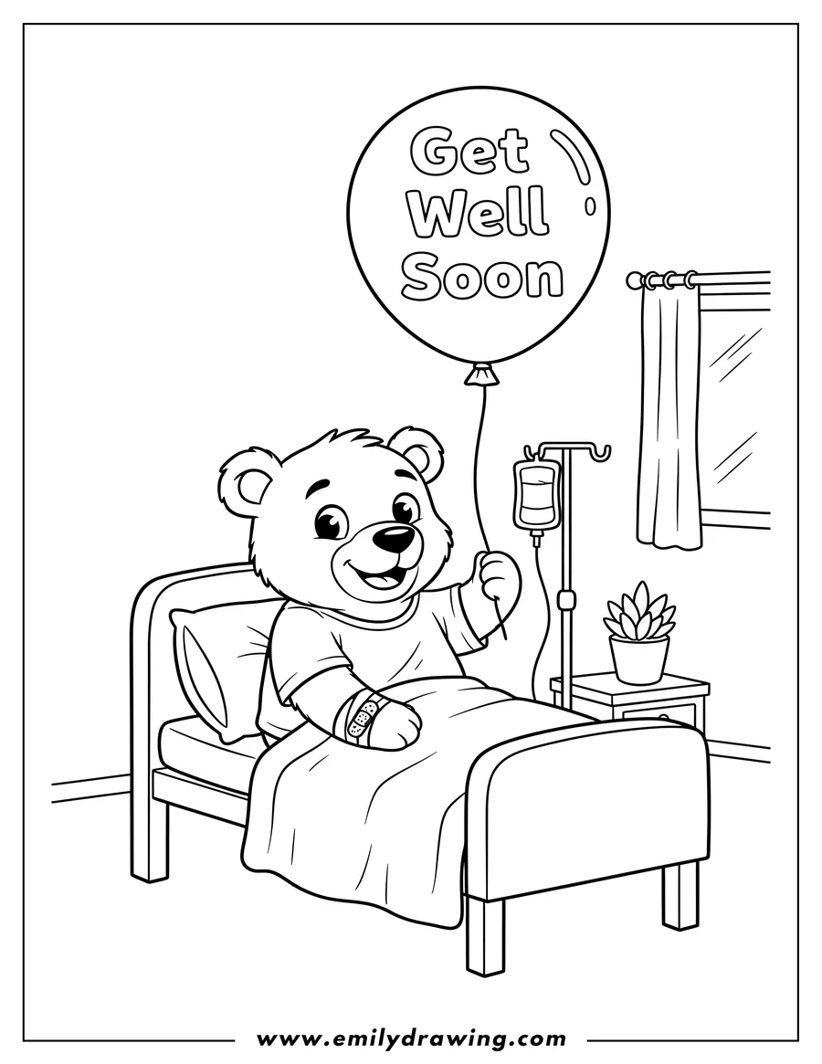 Doodle style coloring picture of smiling bear in a hospital bed, wearing a hospital gown with a bandage on its arm, and a 'Get Well Soon' balloon