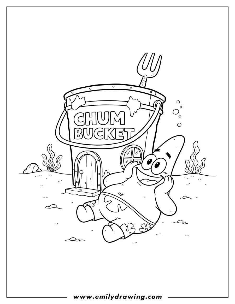 Doodle style coloring picture of smiling Patrick Star lounging with hands by his face in front of the Chum Bucket