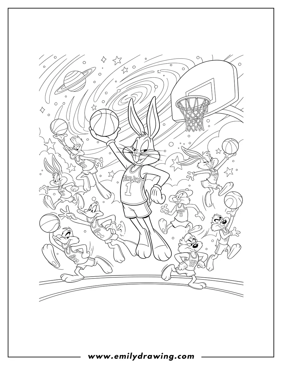 Doodle style coloring picture of space Jam Tune Squad poster featuring Bugs Bunny and Looney Tunes characters playing basketball