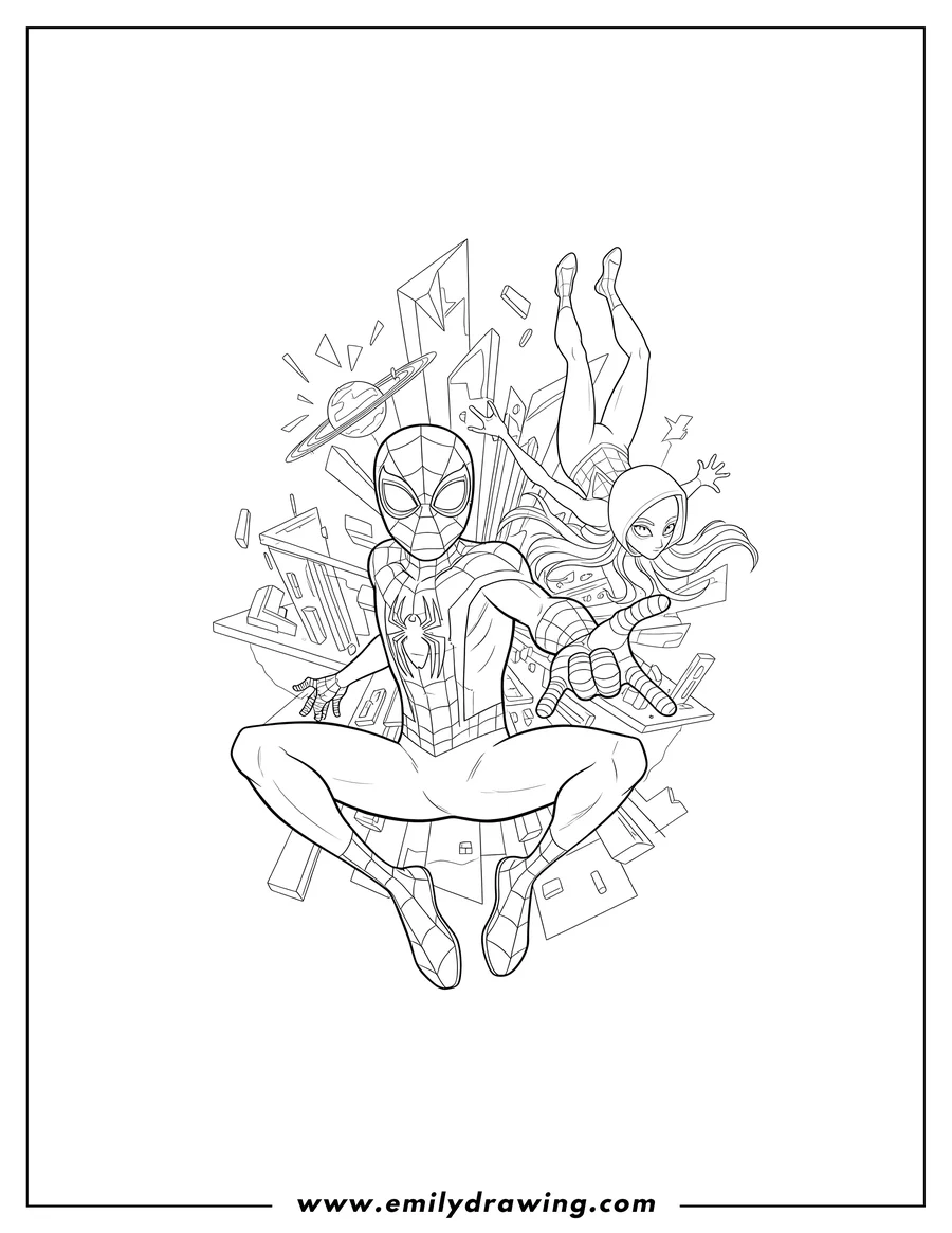Printable coloring page of spider Man Across Spider Verse, with Miles Morales and Gwen Stacy