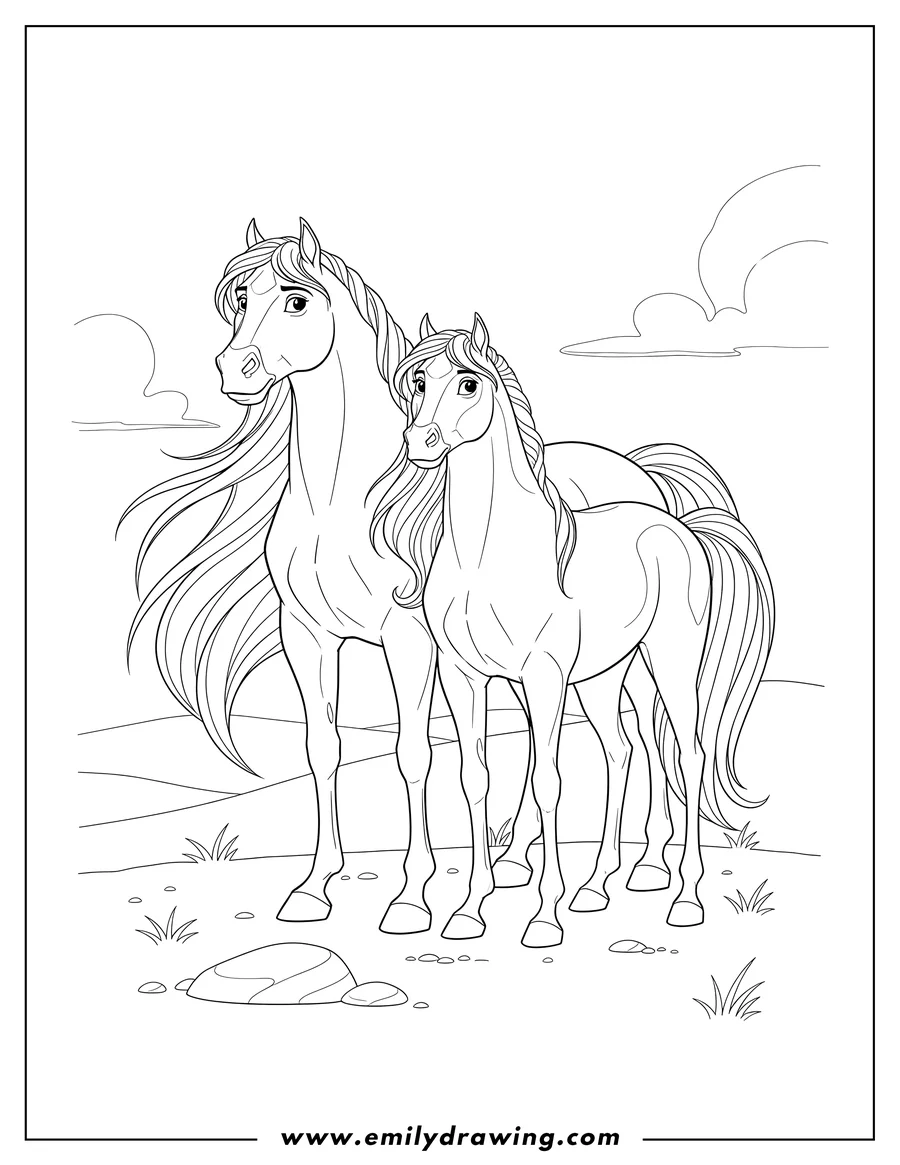 Coloring sheet featuring spirit Stallion Cimarron Scaled and Rain standing with flowing manes