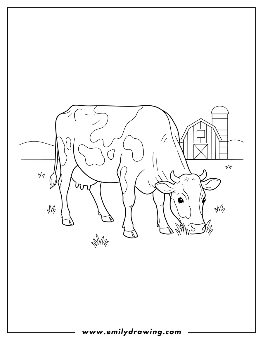 Outline drawing of spotted Dairy Farm Cow grazing