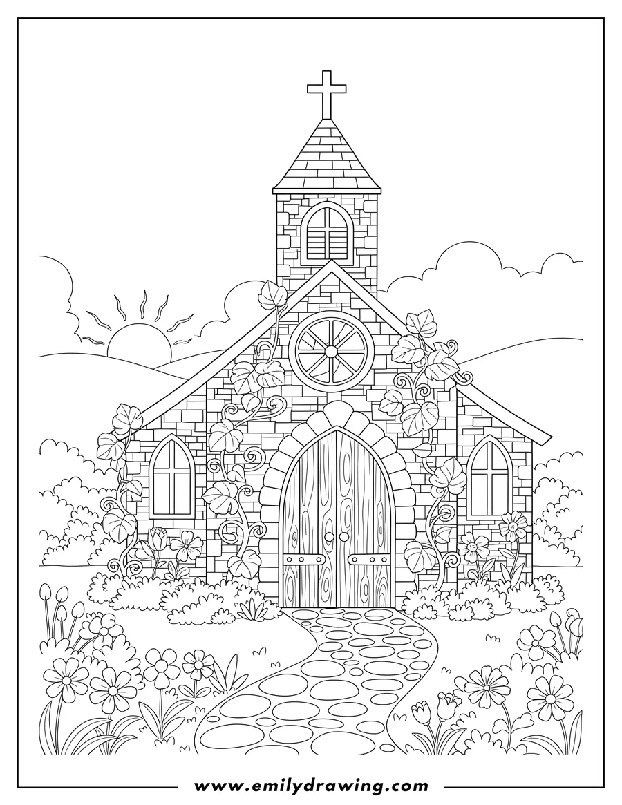 Outline drawing of stone Garden Church with Arched Entrance, Cobblestone Path, Cross on the steeple, and leafy vines