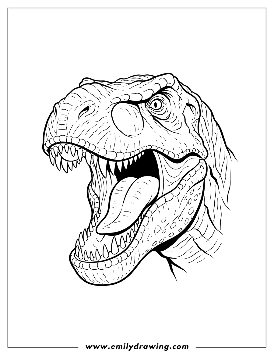 Coloring page of T Rex Head With Sharp Teeth, roaring with mouth wide open