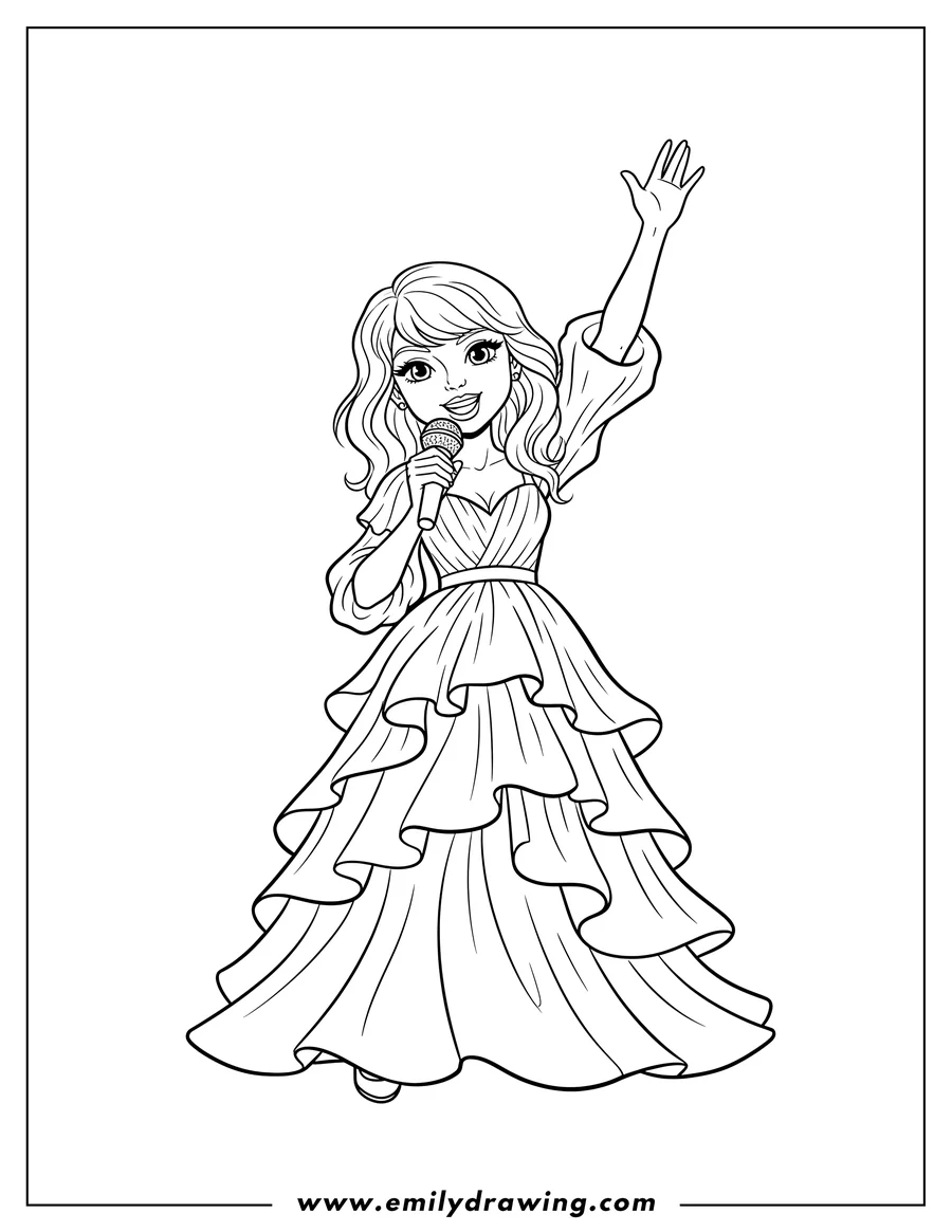 Full page coloring image of taylor Swift in a layered dress, holding a microphone, with one hand raised