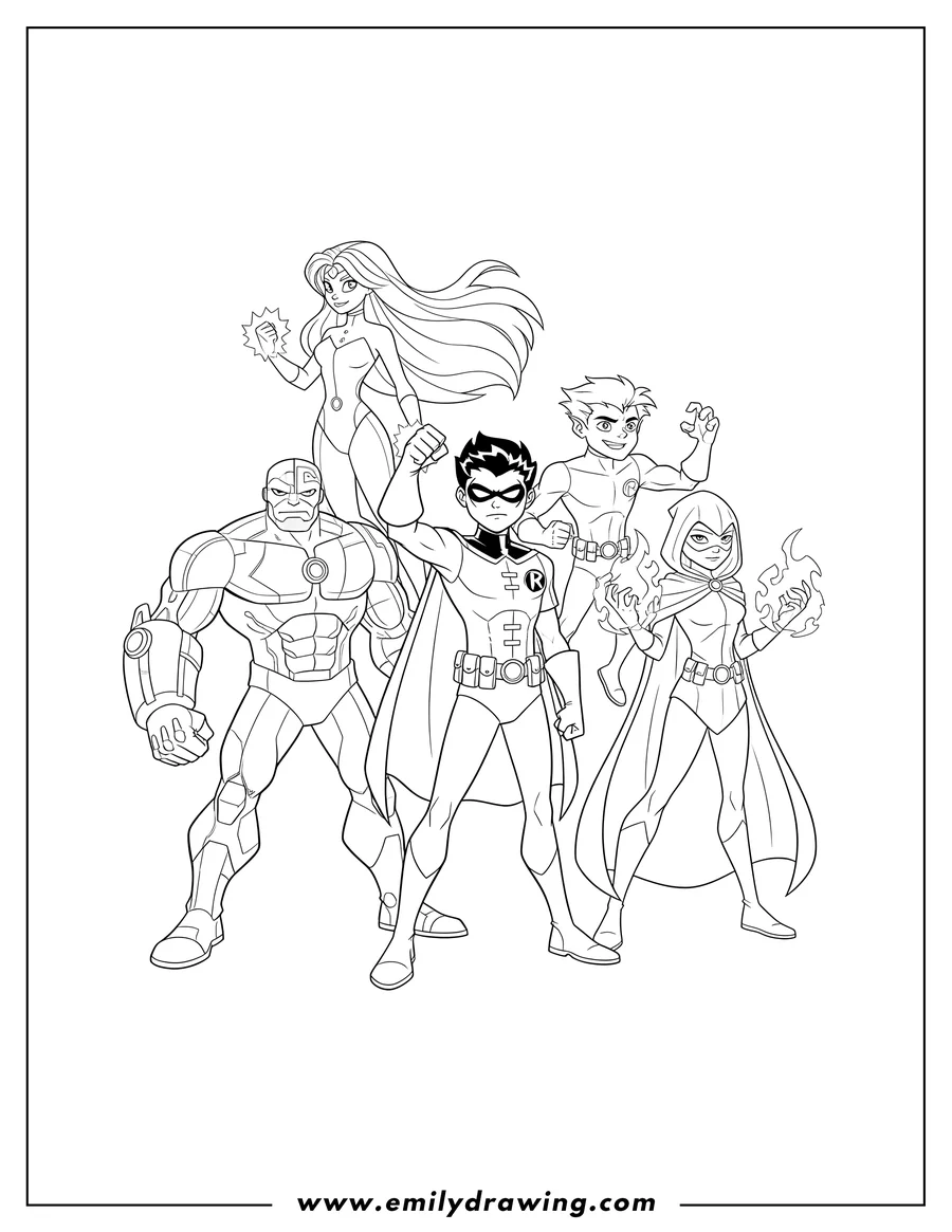 Vector style outline of teen Titans Cartoon with all five main characters posing heroically