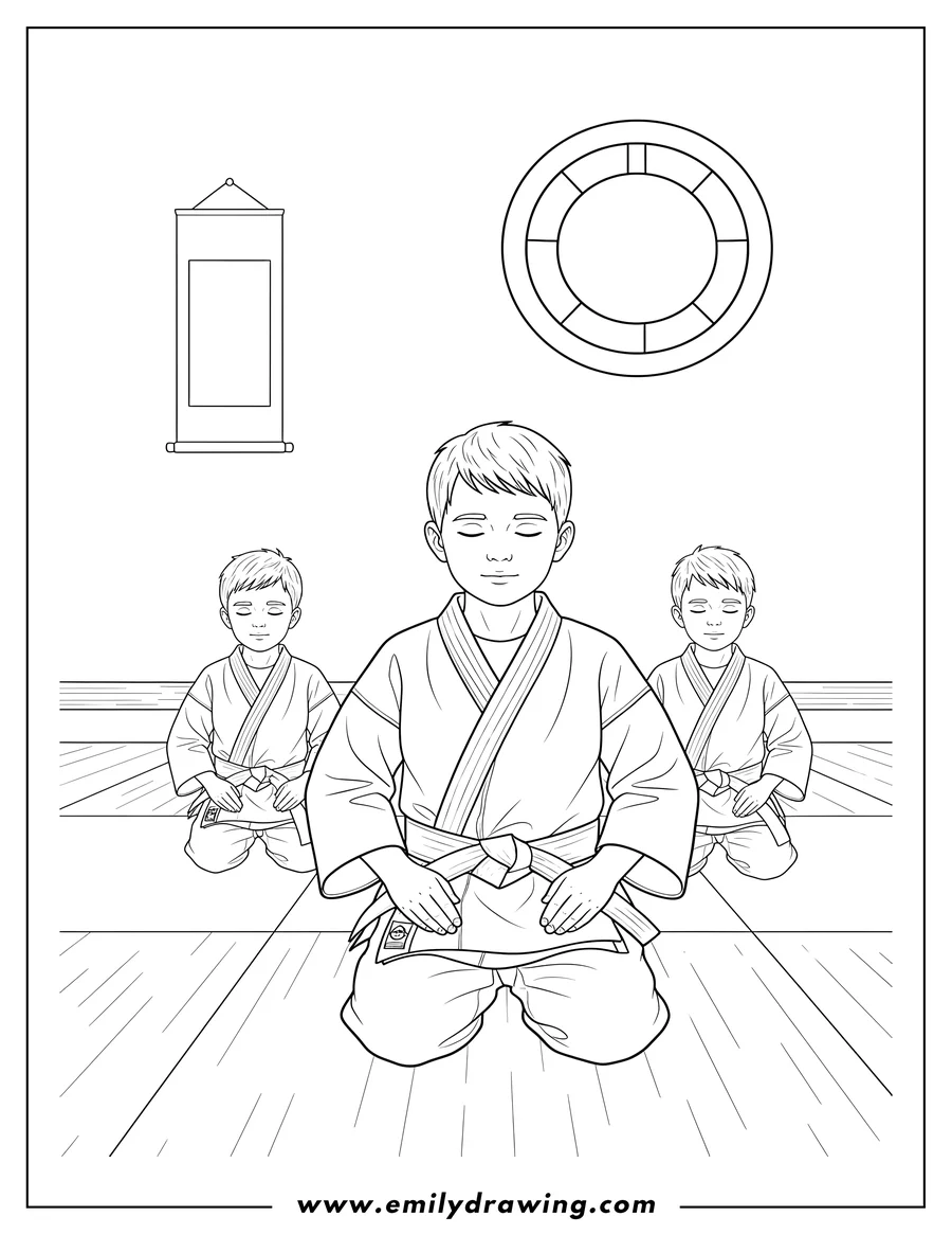 Free printable coloring sheet of three boys kneeling with hands clasped in a karate dojo, meditating with eyes closed