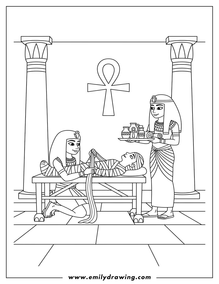 Outline drawing of two ancient Egyptians wrapping a mummy on a table, one applying bandages while the other holds a tray