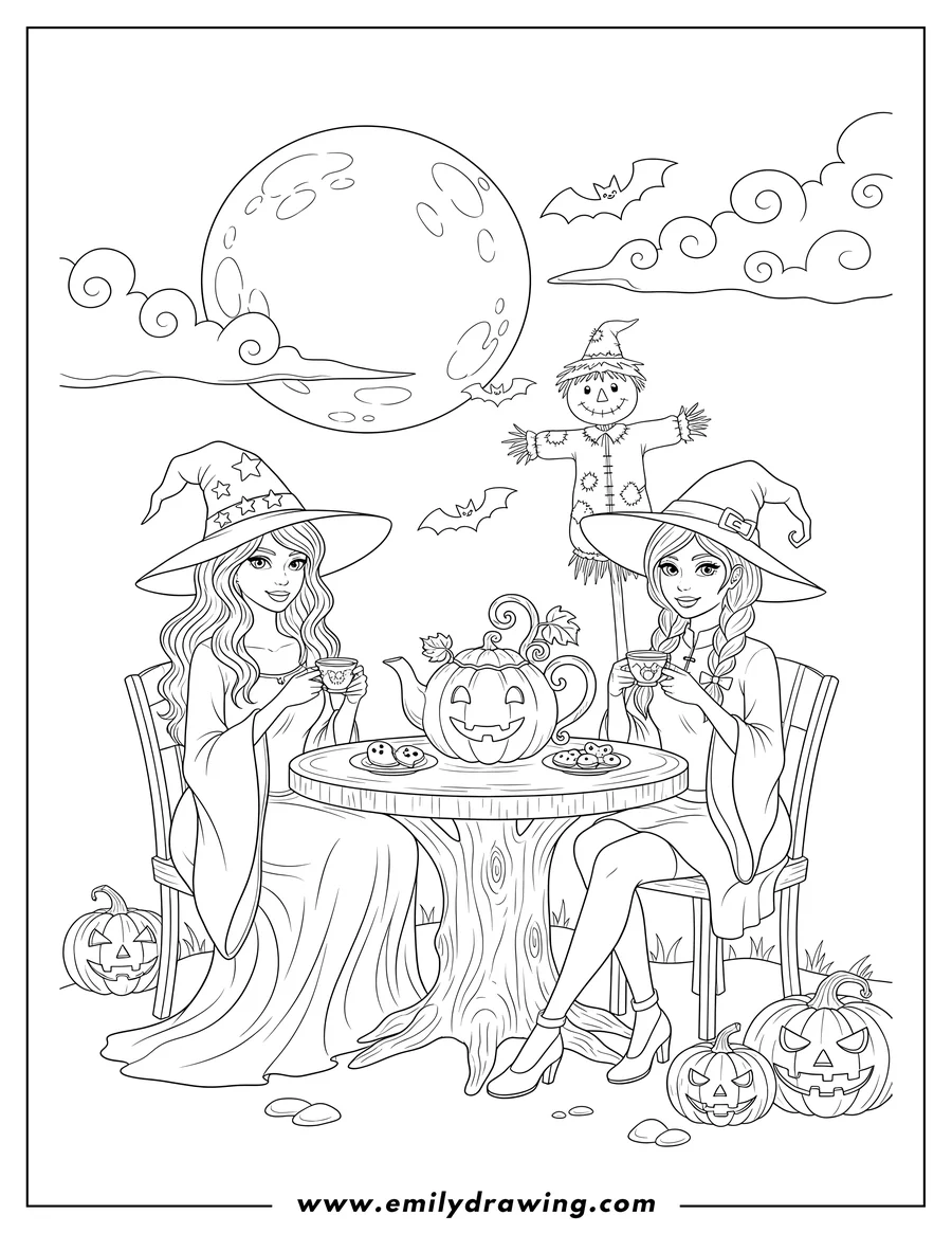 Coloring sheet featuring two Beautiful Witches sitting at a table, holding teacups with a pumpkin teapot, having tea on Halloween