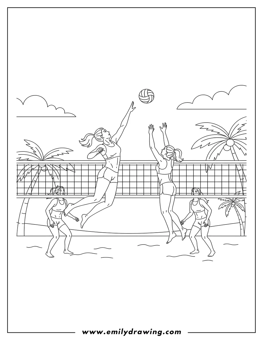 Black and white line art of two Pairs Women Playing Volleyball At Beach, with one woman jumping to spike the ball over a net