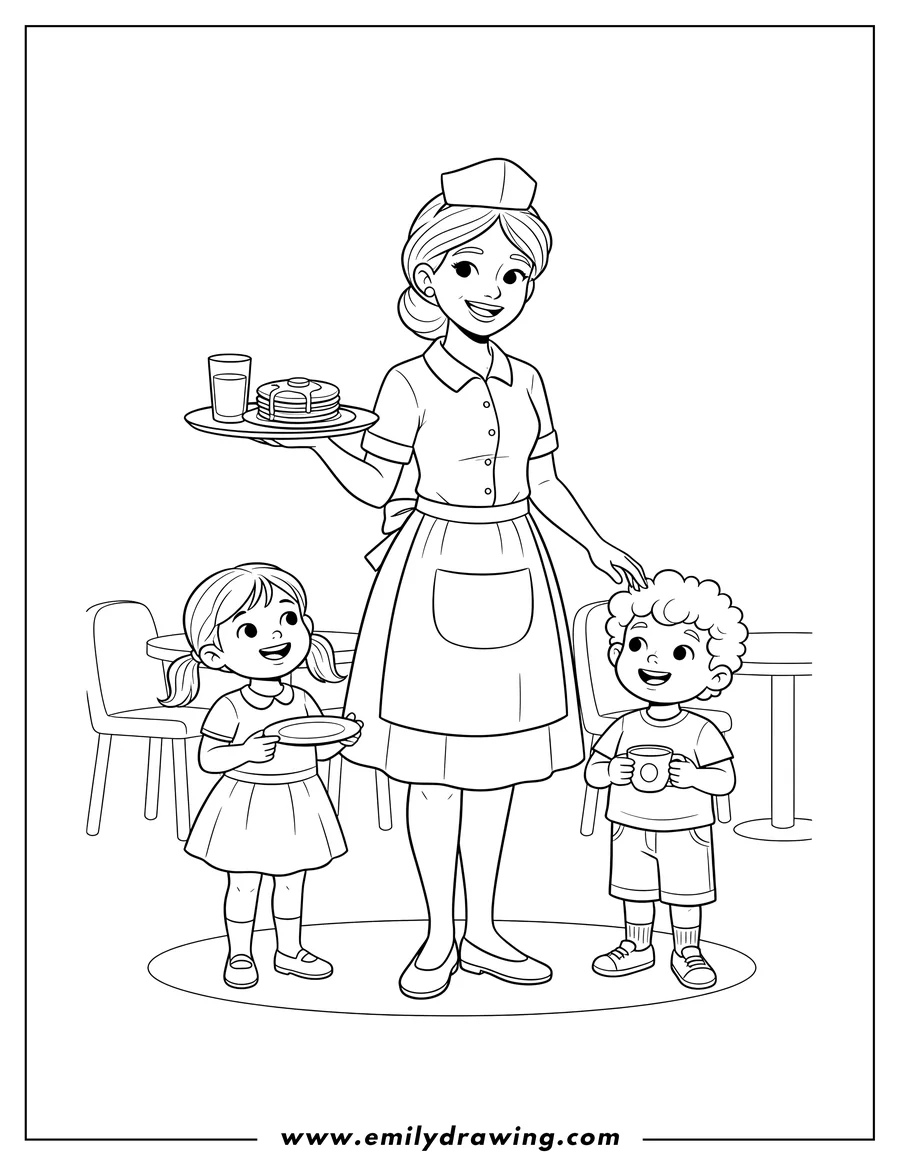 High quality printable community Helpers Waitress Preschoolers holding a plate and drink for coloring