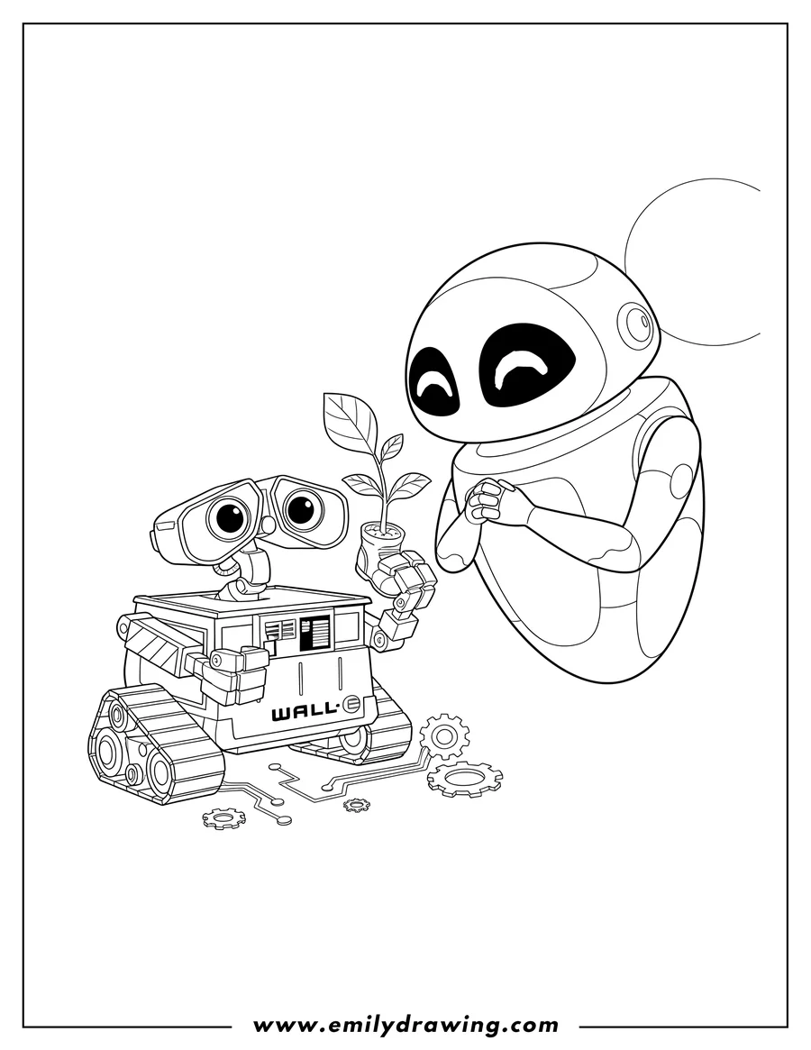 Black and white line art of wall E and Eve looking at a small plant held by Wall E, with Eve smiling