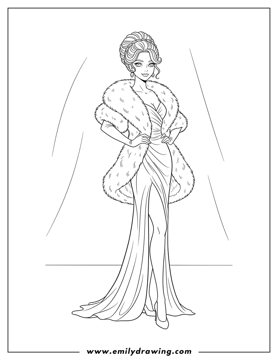 Coloring sheet featuring fashionable Woman posing in a Gown With High Slit And Fur Shawl, with her hair in an updo