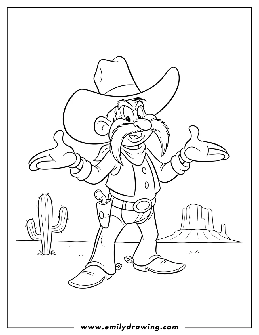 Printable line art of yosemite Sam Looney Tunes Cowboy with open hands gesturing