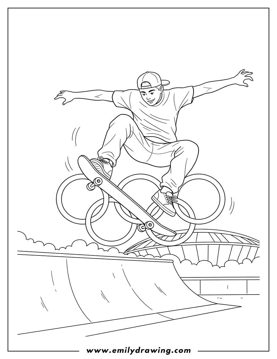 Linear illustration of professional skateboarder in a baseball cap doing an aerial trick, Olympics