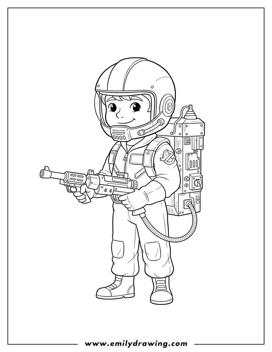 Printable line art of detailed Proton Pack Ghostbusters, intricate technical drawing