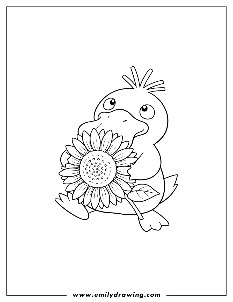 Doodle style coloring picture of psyduck looking up, holding a large sunflower with both hands