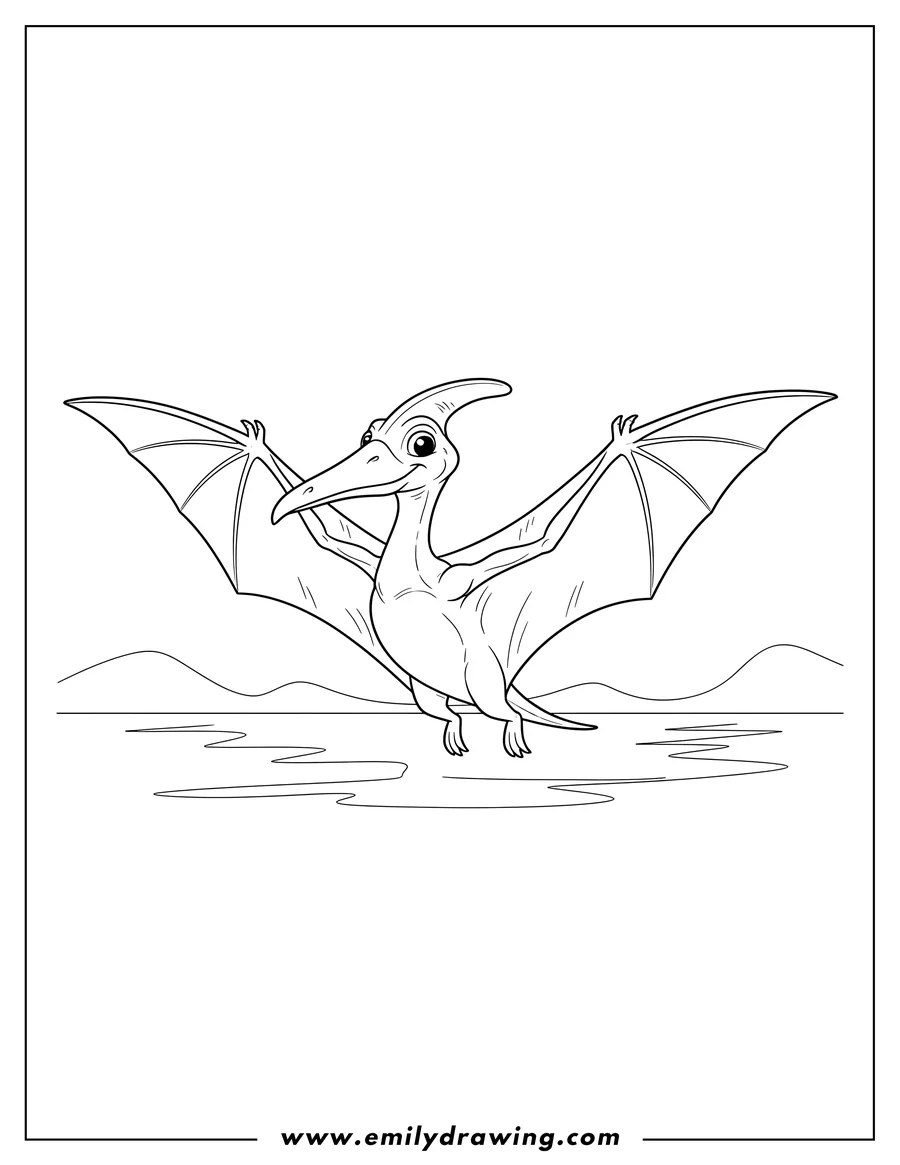 Downloadable coloring page of detailed Pterodactyl with outstretched wings and long beak flying over water