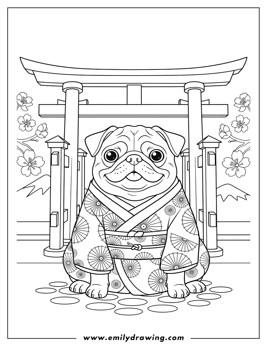 Linear illustration of pug Kimono At Japanese Torii Gate, sitting, with umbrella patterns on the kimono