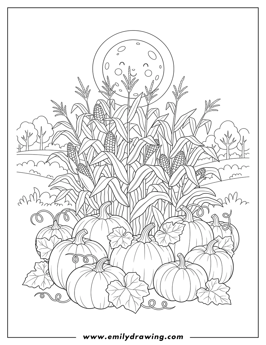 Printable line art of autumn Pumpkins And Tall Corn Stalks Under Glowing Harvest Moon, with many pumpkins in the foreground