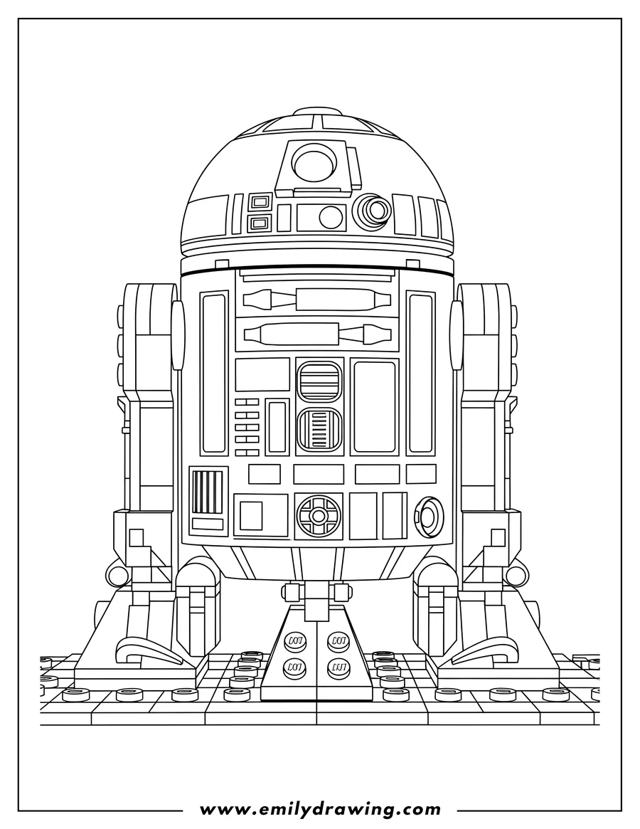Coloring page for kids: detailed R2 D2 Lego Star Wars, standing