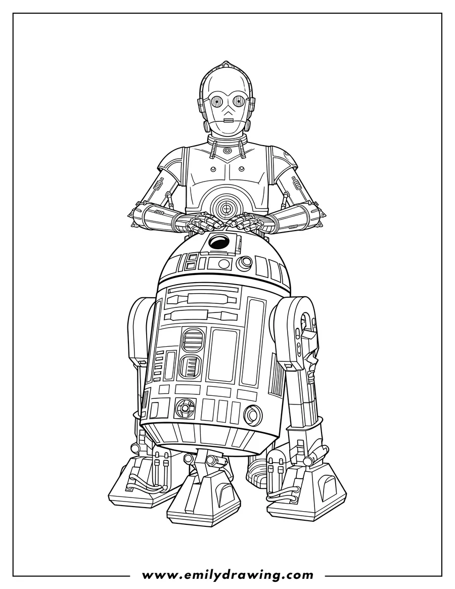 Simple sketch of detailed R2 D2 with C3PO standing behind it and resting a hand on its dome to color