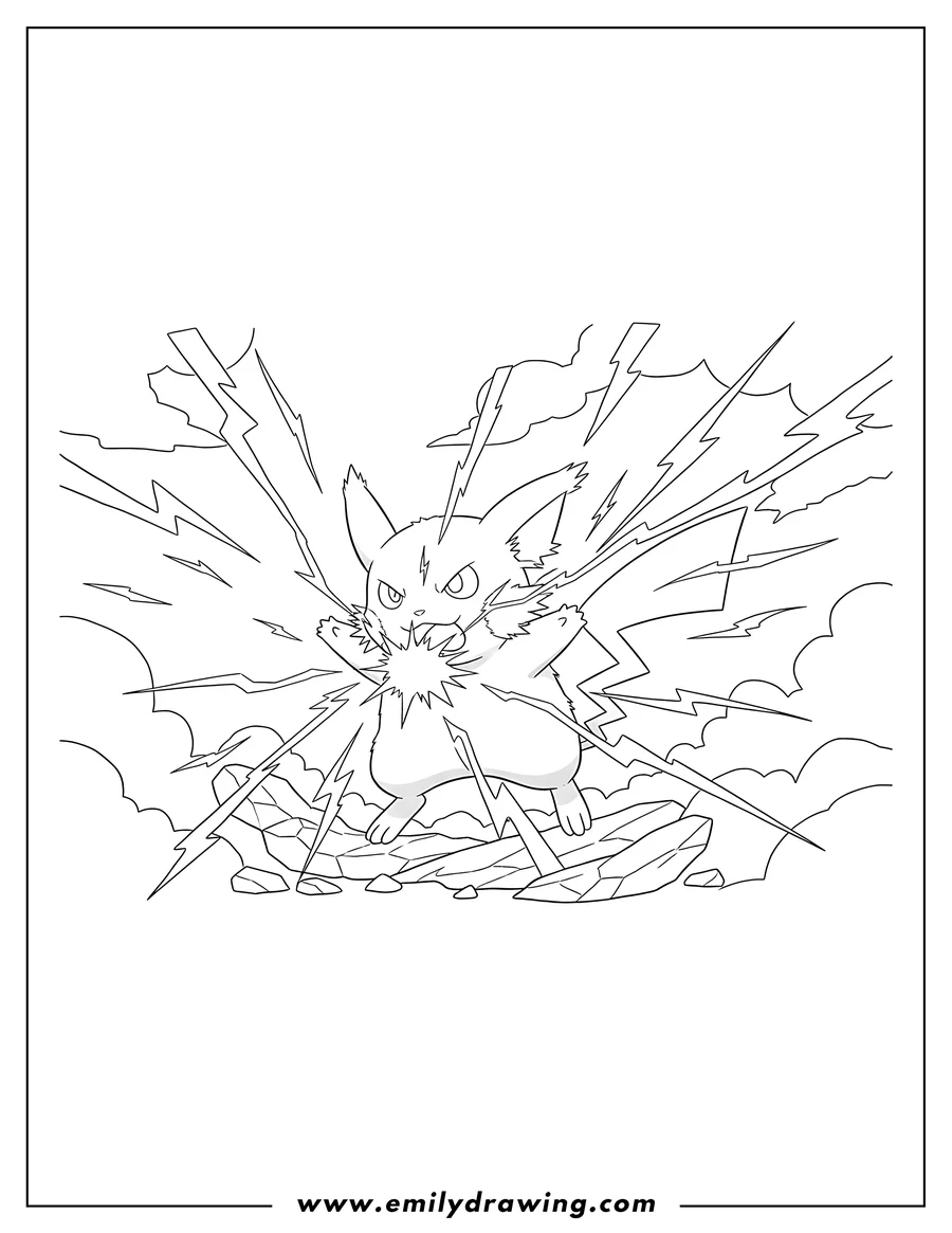 Printable coloring page of raichu Gx Thunderbolt Pokemon Card, an energetic Raichu unleashing lightning