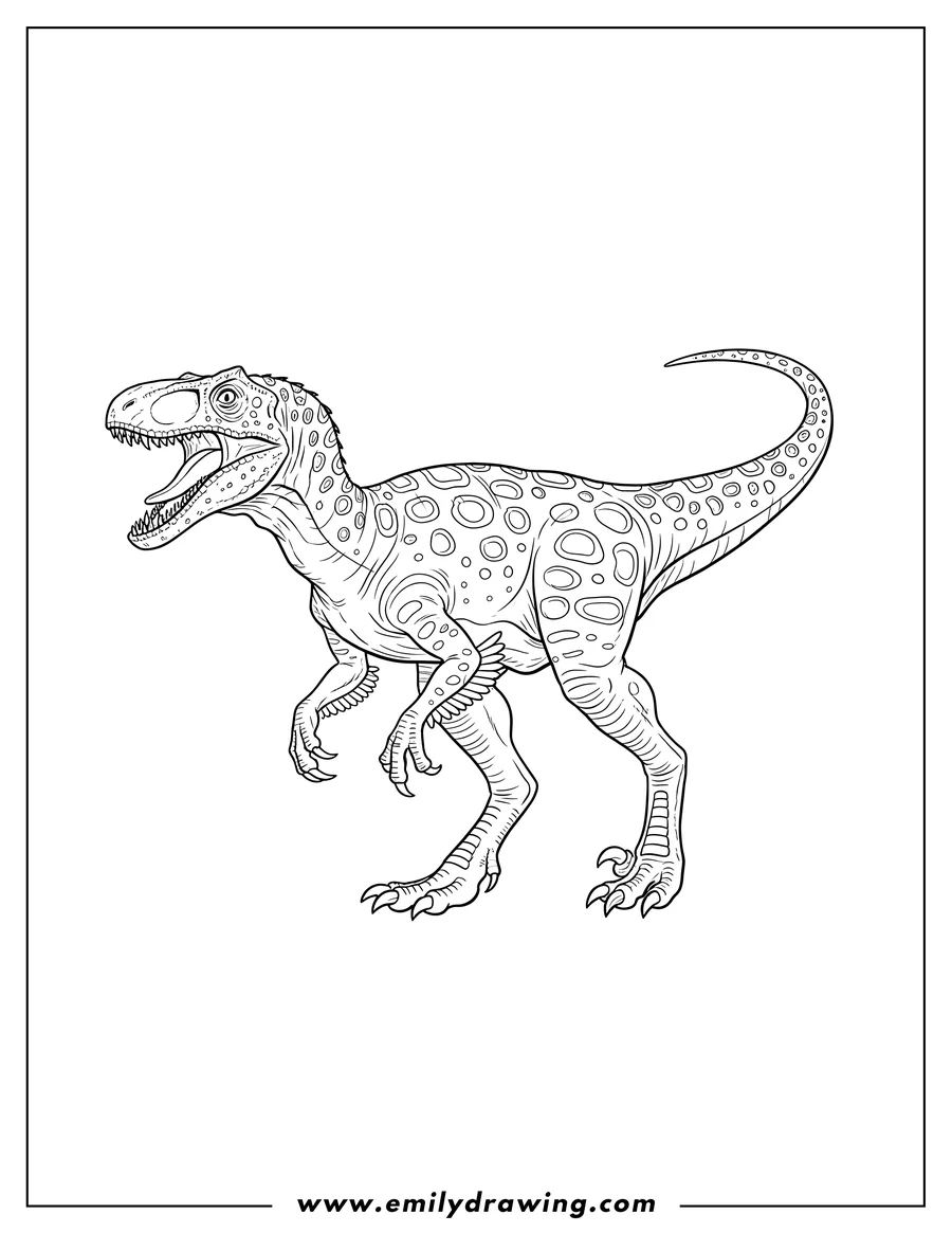 Free to print drawing of detailed raptor walking with mouth open, spotted