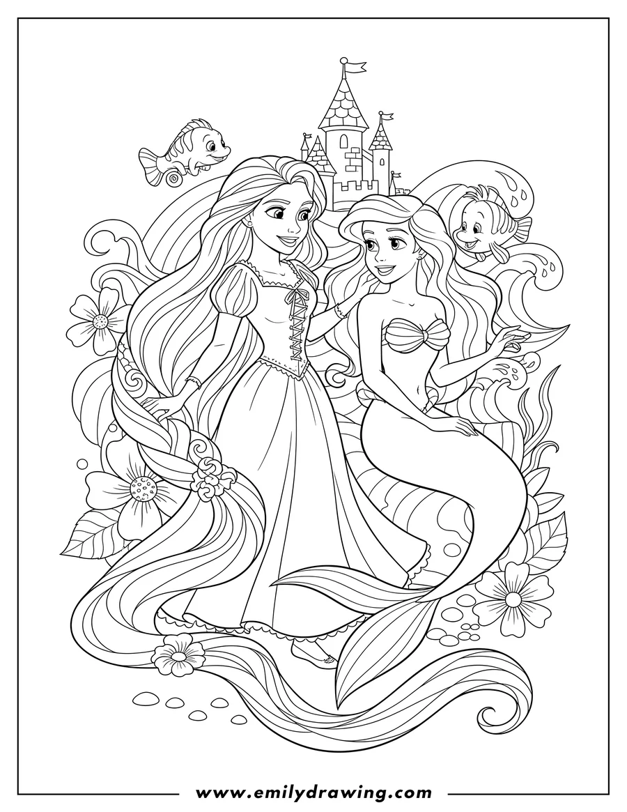 Printable coloring page of princess Rapunzel And Ariel, Rapunzel with long flowing hair and her chameleon Pascal, Ariel with her mermaid tail and fish friend Flounder
