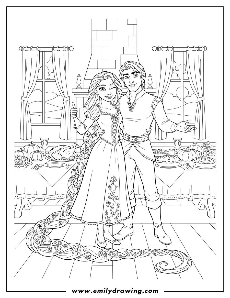 Free to print drawing of rapunzel And Flynn Front Thanksgiving Feast, with Rapunzel winking and giving a thumbs up