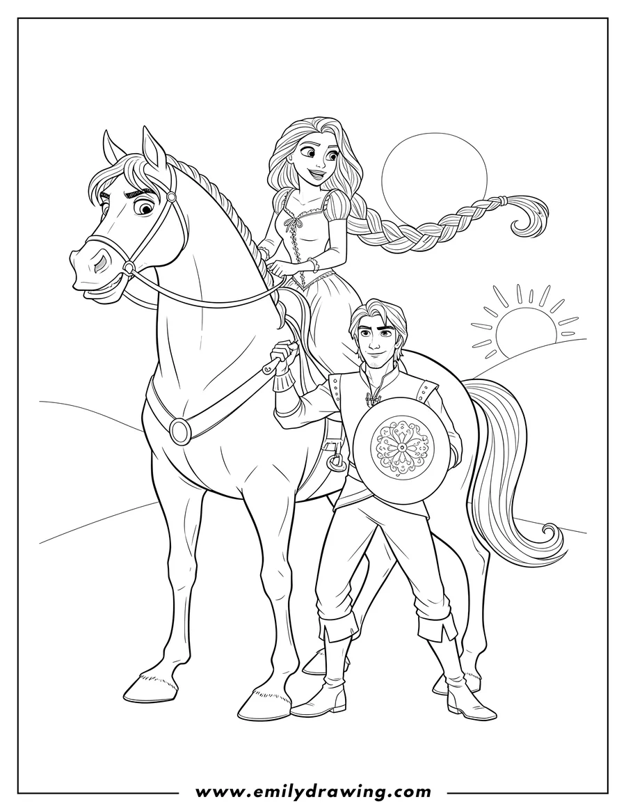 Linear illustration of tangled Movies: Rapunzel on Maximus, protected by Flynn Rider with a frying pan