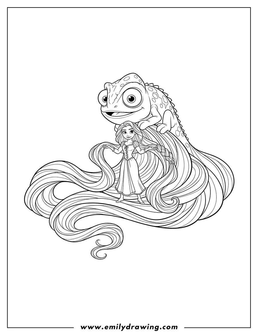 Free to print drawing of tangled With Rapunzel Scaled, with Pascal on her head, holding her long hair