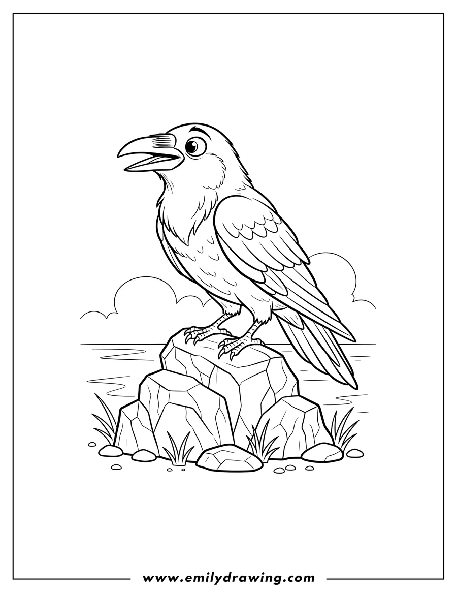 Downloadable coloring page of detailed Raven Perched On Rock, looking left