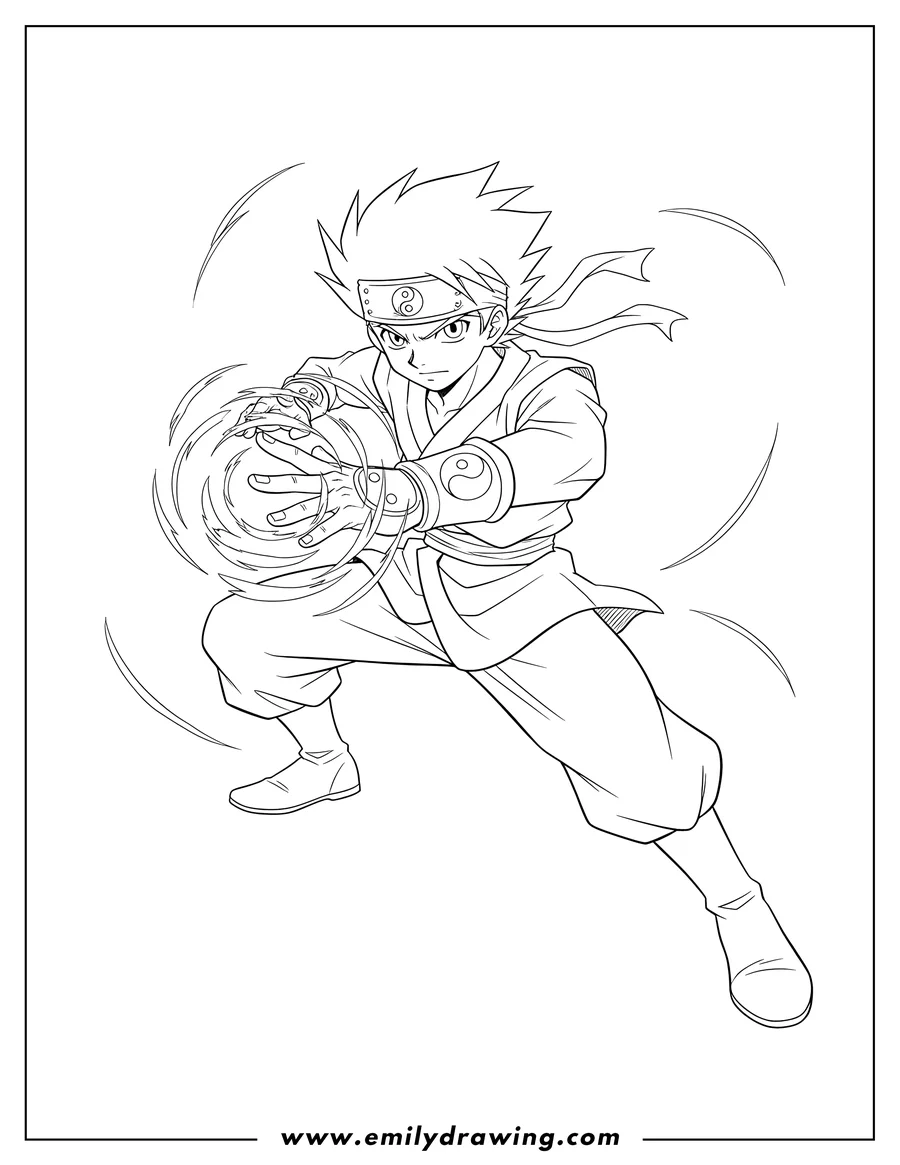 High quality printable ray Kon in an action pose, with a yin-yang headband and glove for coloring
