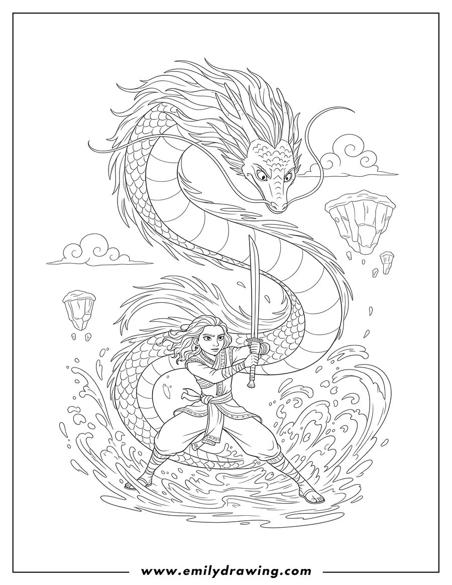 Coloring page for kids: detailed Raya And Last Dragon Sisu, with Raya lunging and wielding her sword