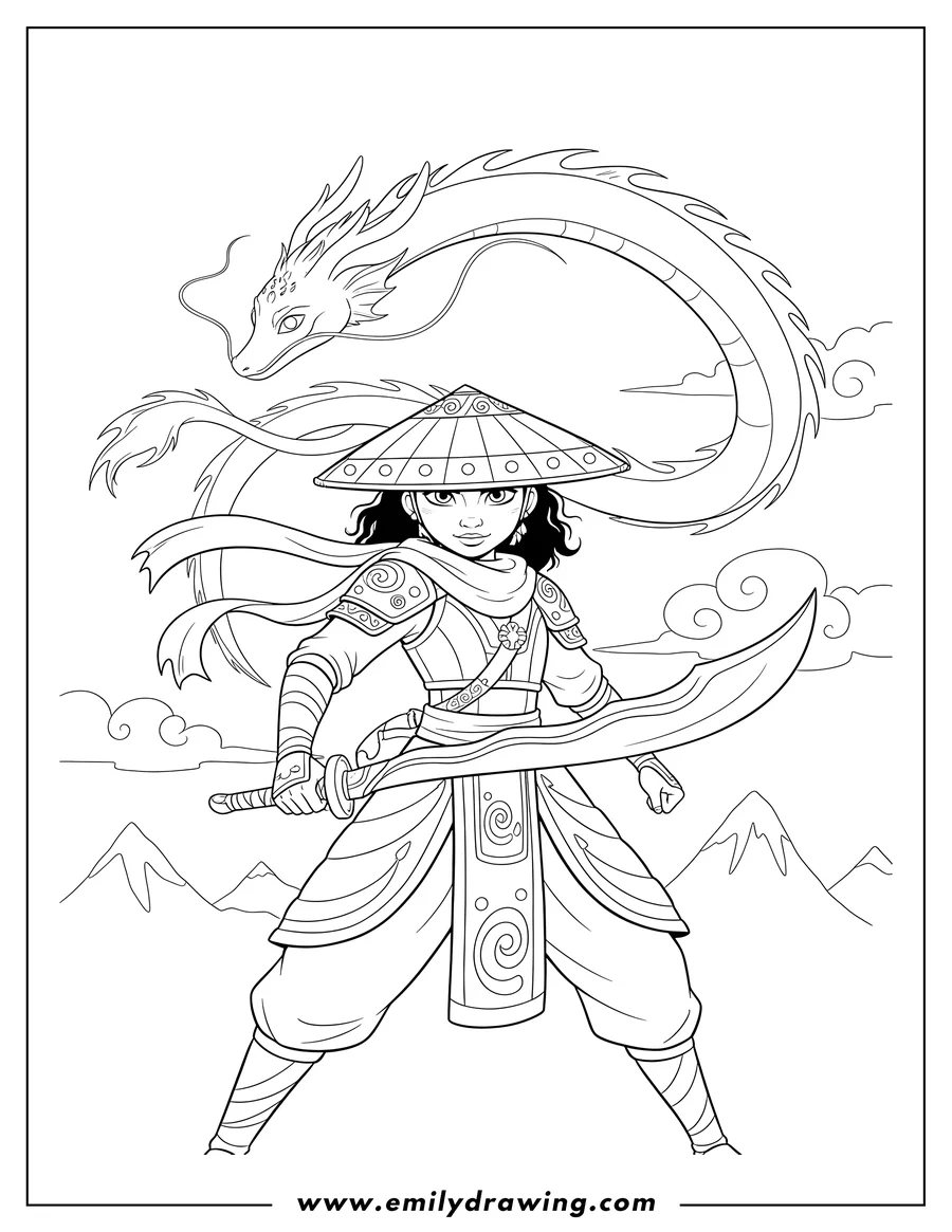 Black and white line art of raya wearing a conical hat and holding a wavy sword, with Sisu flying in the background