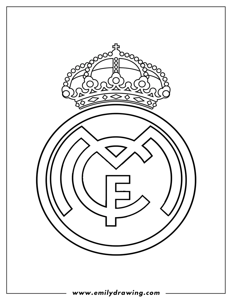 Printable line art of real Madrid Cf Football Club crest with a crown for coloring