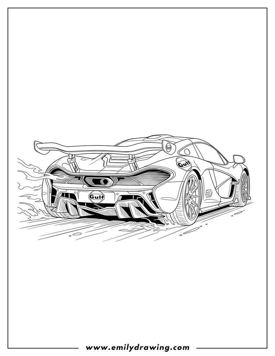 Clean line drawing: detailed Rear View Mclaren P1 Gtr, speeding with Gulf logo