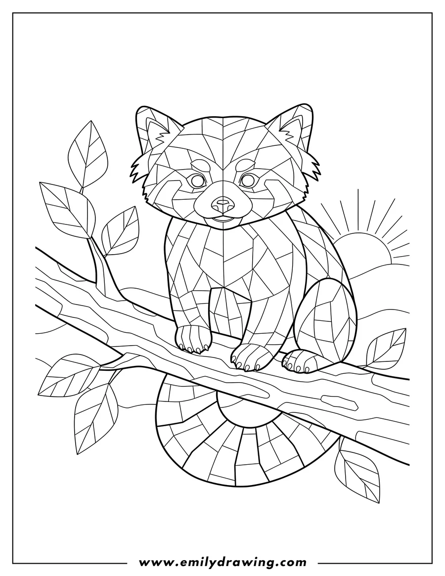 Printable coloring page of detailed Red Panda Mosaic sitting on a tree branch