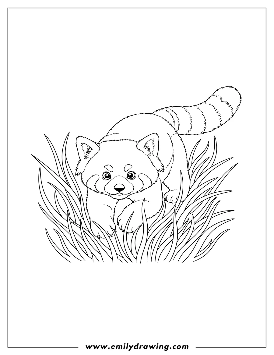 High quality printable red Panda stalking through tall grass, looking forward for coloring