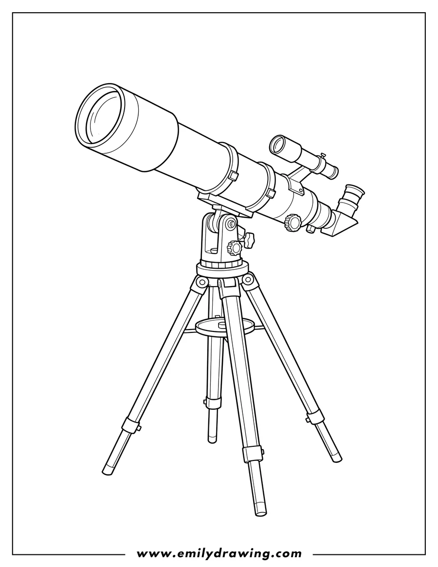 Linear illustration of detailed Refractor Telescope on a Tripod