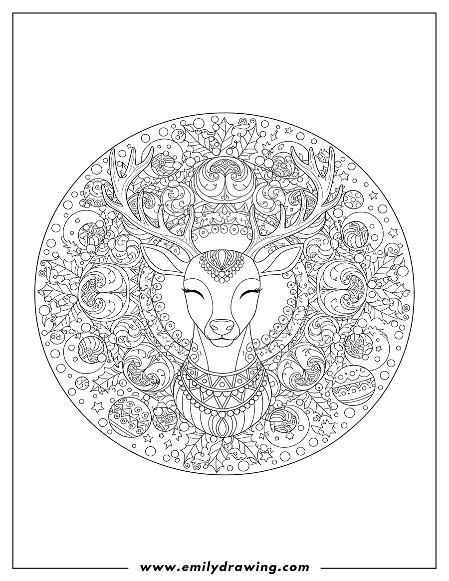 Linear illustration of detailed Reindeer Mandala With a closed-eyed reindeer wearing a beaded collar, Hollies Baubles Confetti And Frills